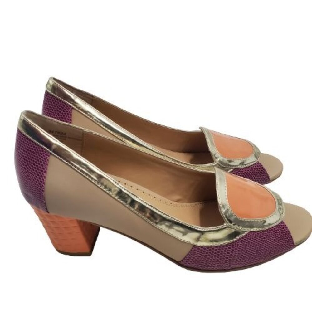 Rara Avis Women's Tan Purple Orange Block Heel Peep Toe Pumps Size 7 M - Picture 6 of 12